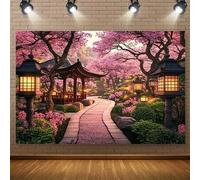 Shein 1 pieza, Tapiz de pared con jardín de flores de cerezo oriental - Escenario japonés vibrante, flores de cerezo en floración, pagodas y linternas tradi