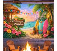 Shein 1 pieza Tapiz de playa tropical "Bienvenido al Paraíso", decoración de fiesta hawaiana Luau, paisaje marino de puesta de sol de verano, impresión de c