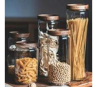 Shein 1 pieza Tarro de vidrio sellado de palisandro con tapa de madera, tarro de almacenamiento de vidrio con tapa para granos de café, té suelto, pasta, sa