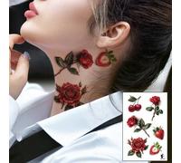 Shein 1 pieza Tatuaje temporal romántico y sexy con diseño de rosa roja, cereza y fresa para muñeca, hombro, cuello, clavícula y otras partes del Body
