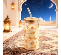 Shein 1 pieza Taza de café transparente de 16 onzas, hecha de vidrio borosilicato de alta calidad con diseño de estrella, luna, sol y ojo de ángel de dibujo