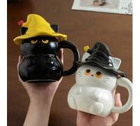 Shein 1 pieza Taza de cerámica con forma de gato mago 3D, taza de café con leche de gato mago de Halloween para truco o , taza de bebida de jugo con ambient