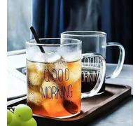Shein 1 pieza Taza de vidrio de 480ml con estampado de "Buenos días", taza transparente con asa, taza de desayuno, taza de café de gran capacidad, taza de l