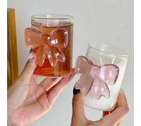 Shein 1 pieza Taza de vidrio linda con lazo rosa, taza de café estética, vaso de leche Kawaii, copa de jugo transparente, vajilla creativa, tazas de agua, v