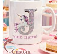 Shein 1 pieza Taza personalizada, Taza de café personalizada, Taza de cerámica con letra de imagen de unicornio con brillo, regalo perfecto para la mejor am