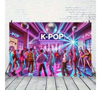 Shein 1 pieza Telón de fondo de fiesta K-Pop - Efecto de iluminación de escenario de discoteca de neón con texto K-Pop - Fondo fotográfico sin electricidad,