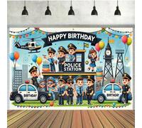 Shein 1 pieza Telón de fondo para fiesta de cumpleaños con tema de comisaría de policía, de poliéster para fotografía, adecuado para decoración de mesa de p