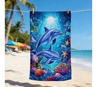 Shein 1 pieza Toalla de playa de microfibra con estampado realista 3D de delfín, secado rápido, resistente a la arena, súper absorbente, toalla de natación,