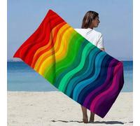 Shein 1 pieza Toalla de playa extra grande y suave con rayas de colores del arcoíris, patrón ondulado, toalla de microfibra súper absorbente y de secado ráp