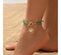 Shein 1 pieza Tobillera con colgante de sol estilo bohemio, joyería para el pie con tono dorado, decorada con piedras verdes y perlas falsas, adecuada para