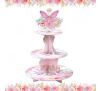 Shein 1 pieza Torre de cupcakes de 3 niveles con diseño de mariposa, soporte para cupcakes de cartón para baby shower, cumpleaños, decoraciones de fiesta
