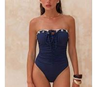 Shein 1 pieza Traje de baño de una pieza acanalado marrón con decoración de estrella de mar y concha en los tirantes, traje de baño elegante sin tirantes ti