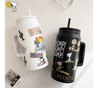 Shein 1 pieza Vaso aislado de gran capacidad de 50 onzas con diseño de Snoopy, taza de viaje portátil, taza de café de acero inoxidable con pajita