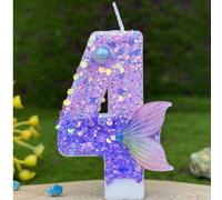 Shein 1 pieza Vela con número de sirena morada, Velas con números del 0 al 9 con brillo morado y cola de sirena, Adecuado para decoración de pastel con tema