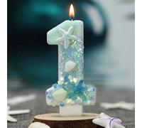 Shein 1 pieza Vela con tema de playa con decoración de estrella de mar y concha - Vela azul brillante y blanca con patrón de números 0-9, adecuada para fies
