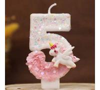 Shein 1 pieza Vela de cumpleaños con número 0-9 de unicornio blanco y rosa, estilo creativo nuevo, estilo de cuento de hadas, unicornio soñador, adecuada pa