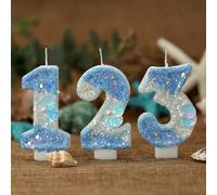 Shein 1 pieza Vela de cumpleaños con tema de sirena oceánica, degradado azul con purpurina, números 0-9, con decoración de conchas & perlas, decoración de p