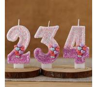 Shein 1 pieza Vela de número con brillo hecha a mano (0-9) con decoración de globo con forma de corazón - Rosado brillante y púrpura Decoración para pastel