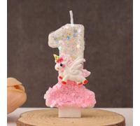Shein 1 pieza Vela de número de cumpleaños con unicornio rosa y arcoíris, vela de pastel con purpurina, adecuada para celebraciones de aniversario de niñas