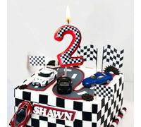 Shein 1 pieza Vela decorativa para pastel de fiesta de cumpleaños con tema de automóvil de carreras con base roja y rejilla en blanco y negro, números 0-9