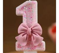 Shein 1 pieza Vela en forma de lazo rosado con número de strass del 0 al 9 para cumpleaños, aniversario, evento especial, decoración de torta, suministros p