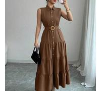 Shein 1 Pieza Vestido camisero casual de mujer de unicolor, sin mangas, con volantes en el bajo, largo maxi