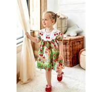 Shein 1 pieza Vestido casual de niña con bordado de cerezas y cuello de Peter Pan, estampado de cerezas y dibujos animados