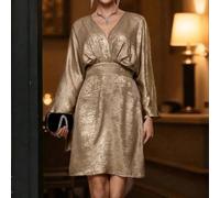 Shein 1 pieza Vestido corto elegante y casual para mujer con cuello en V, mangas asimétricas, cintura ceñida y tela con efecto metalizado para fiestas de Añ