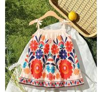 Shein 1 pieza Vestido de muñeca A-line con tirantes, nudo de lazo en los hombros, estampado floral, sin mangas, para niña pequeña y bebé, estilo bohemio, pa