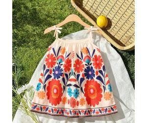 Shein 1 pieza Vestido de muñeca A-line con tirantes, nudo de lazo en los hombros, estampado floral, sin mangas, para niña pequeña y bebé, estilo bohemio, pa