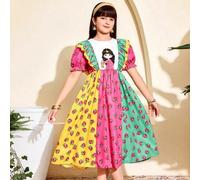Shein 1 Pieza Vestido de niña con bloques de color vibrantes: Estampado de dibujos animados + Estampado floral, Mangas cortas abullonadas con volantes, Long