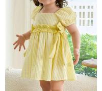 Shein 1 pieza Vestido de niña elegante con mangas abultadas y decoración de lazo grande en estilo urbano de cuadros, adecuado para uso casual diario, salida