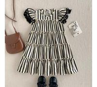 Shein 1 pieza Vestido de niña joven estilo escolar elegante casual con flecos, ribete floral, rayas negras & blancas y mangas volantes, para verano, hada, a