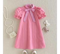 Shein 1 pieza Vestido de niña/niña joven de estilo elegante escolar, casual y versátil, con rayas rosas, decoración de lazo y mangas abullonadas, hasta la r