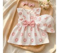 Shein 1 pieza Vestido de niña recién nacida de tela suave blanca con estampado floral rosa, cuello redondo, sin mangas, volantes en el bajo, con cierre a pr