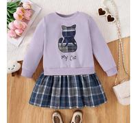 Shein 1 pieza Vestido de sudadera de manga larga de punto suave con estampado de "Mi gato", lazo y gráfico de gato, estilo casual para niñas, con estampado