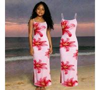 Shein 1 pieza Vestido de tirantes ajustado con estampado floral tropical para niña preadolescente, estilo de moda. Vestido de resort estilo hawaiano para ni