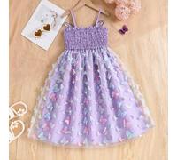 Shein 1 pieza Vestido de tul con bordado de mariposa en degradado, decoración de lazo, dulce y elegante para niñas para el verano, con tirantes de espagueti