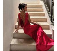 Shein 1 pieza Vestido elegante de punto de unicolor con espalda cruzada, adecuado para bodas, regreso a casa, fiestas, todas las temporadas, fiesta de prima