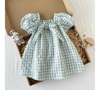 Shein 1 pieza Vestido Holgado de Manga Corta con Lazo y Cuadros Verdes para Bebé Niña, Lindo para Vacaciones de Verano, Adecuado para Uso Diario, Viajes, Re