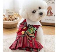Shein 1 pieza Vestido JK sin mangas con estampado de cuadrícula roja estilo británico universitario para mascotas, para gata madre pequeña y perro, para fot