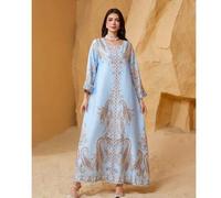 Shein 1 pieza Vestido largo estampado floral de tela tejida con perlas, estilo de Oriente Medio, adecuado para fiesta formal, uso diario, todas las estacion