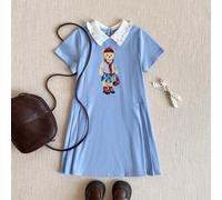 Shein 1 pieza Vestido polo azul claro con cuello blanco y estampado de oso lindo y elegante para niñas jóvenes, adecuado para uso casual, salidas, reuniones