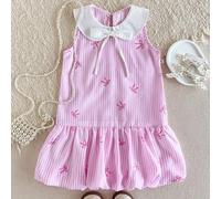 Shein 1 pieza Vestido sin mangas elegante y delicado con cuello blanco a rayas, lazo de perlas y estilo universitario para niñas jóvenes, adecuado para uso