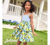 Shein 1 pieza Vestido suave elegante y urbano con estampado de rayas azules y frutas tropicales, adecuado para reuniones, viajes, fiestas, verano, para niña