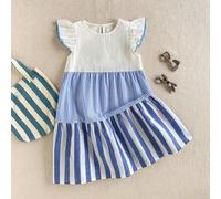 Shein 1 pieza Vestido tejido con diseño de parches a rayas azul y blanco, corte holgado, elegante y casual para niñas y jóvenes, con volantes, adecuado para