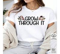 Shein 1 pieza ZHST02A48 Camiseta 100% algodón para mujer - Floral "Grow Through It", frase inspiradora, diseño floral bohemio, moda casual para todas las es