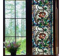 Shein 1 rollo de 45CM * 100CM Film decorativo para ventanas estilo retro con diseño geométrico de rama de rosas rojas y plantas verdes - de color escarcha,