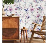 Shein 1 rollo de flores retro y gruesas de colores, flores moradas y rojas con mariposas florecientes, ramas de plantas verdes con mariposas moradas, adecua