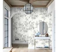 Shein 1 Rollo de papel tapiz autoadhesivo vintage pintado a mano con flores blancas y negras, sin costuras, removible, impermeable, fácil de cortar e instal